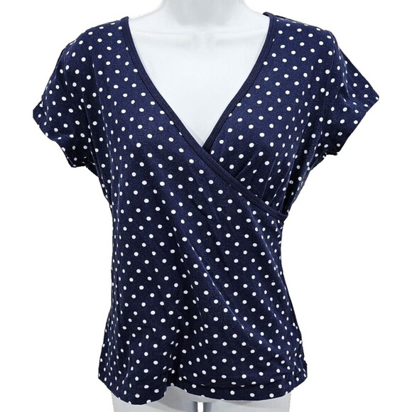 Ralph Lauren Womens Surplice Top Polka Dot Cap Sleeve Navy Blue Preppy Petite L - Picture 1 of 11